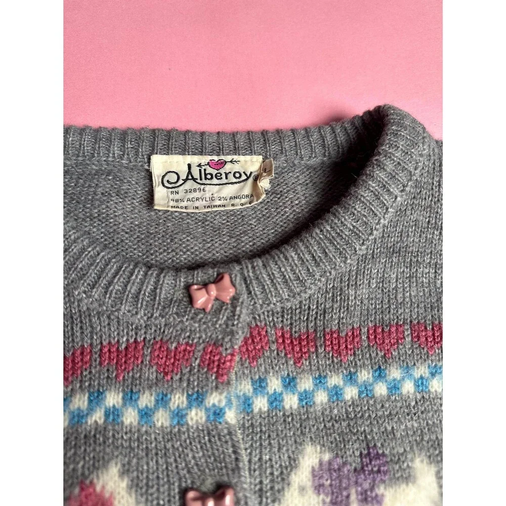 1970s ALBEROY Bow, RIBBON, Hearts, & Angora DOGs Cardigan W/Bow Buttons. S-M - Picture 11 of 16